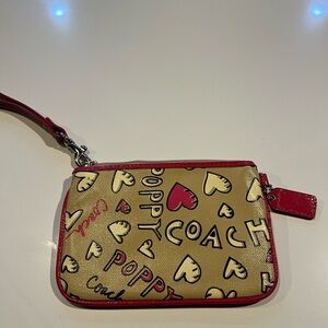 Coach Poppy Heart Print Wristlet in Tan and Red